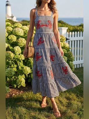 Black White Gingham Check Red Lobster Tiered Maxi Dress Picnic Coastal❤️